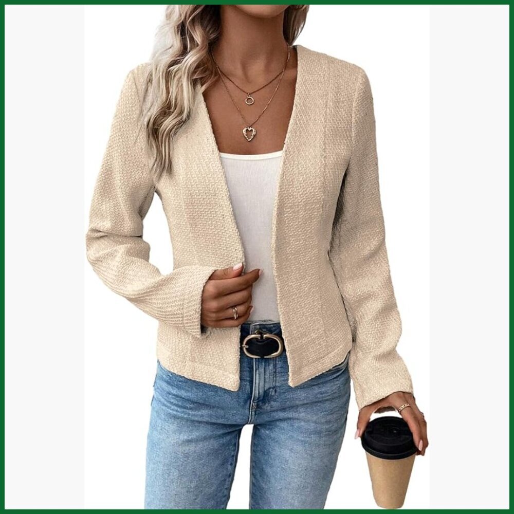 Tweed Blazer Jacket Collarless Open Front Slim Fit Business Casual - Picture 1 of 7